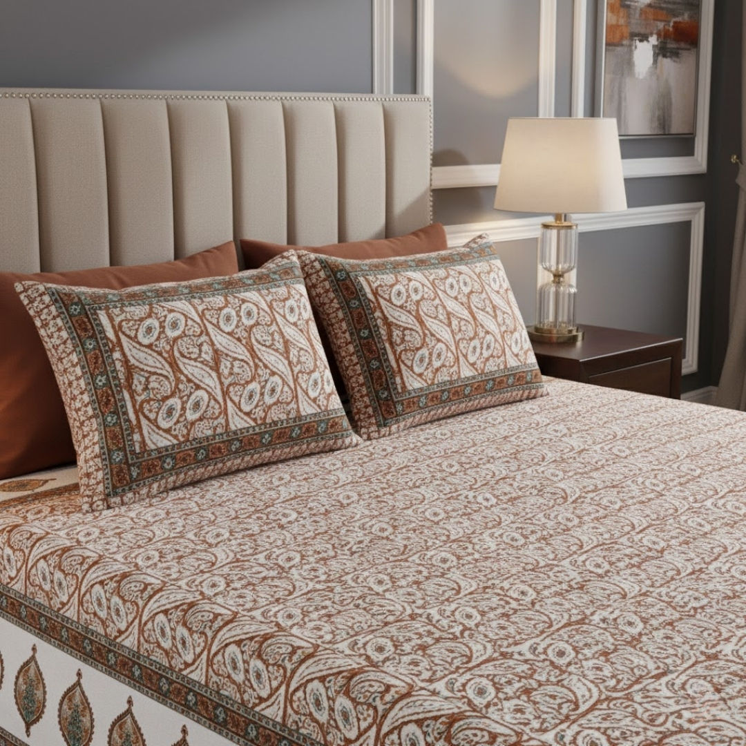 Rustic Rhythms Peach Block Print Pure Cotton Double Bedsheet